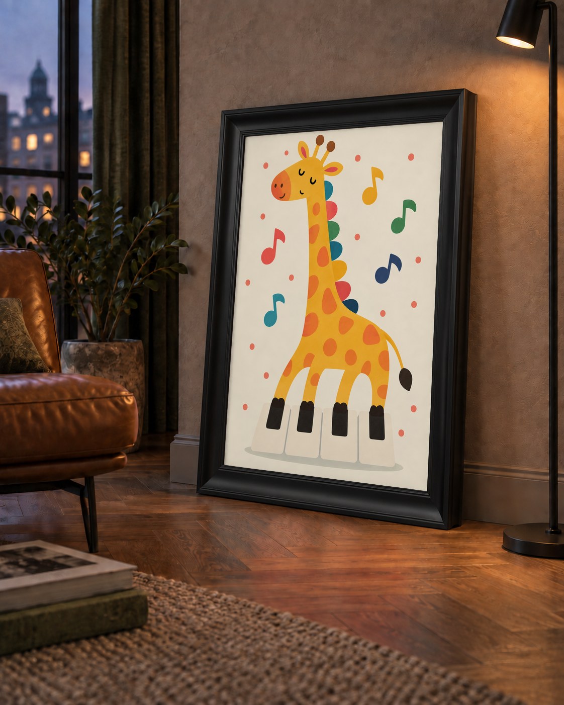 Müzikal Zürafa Çocuk Odası Poster Sanat Baskısı — çerçeveli hâliyle bir ev duvarında