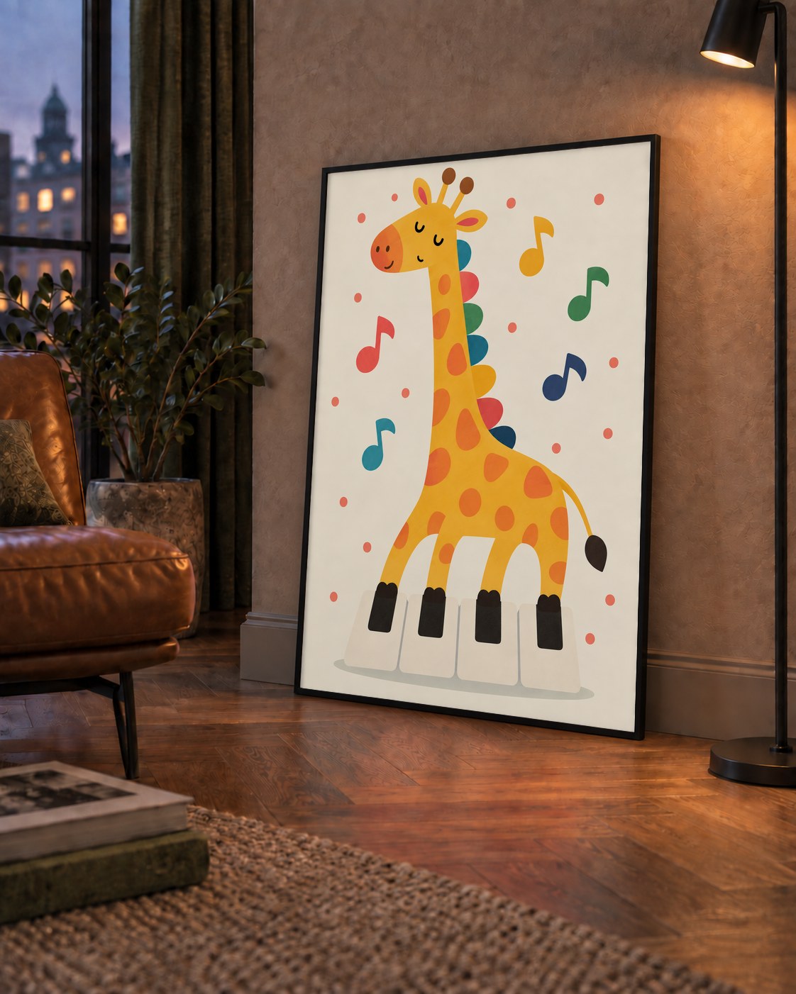 Müzikal Zürafa Çocuk Odası Poster Sanat Baskısı — çerçeveli hâliyle bir ev duvarında