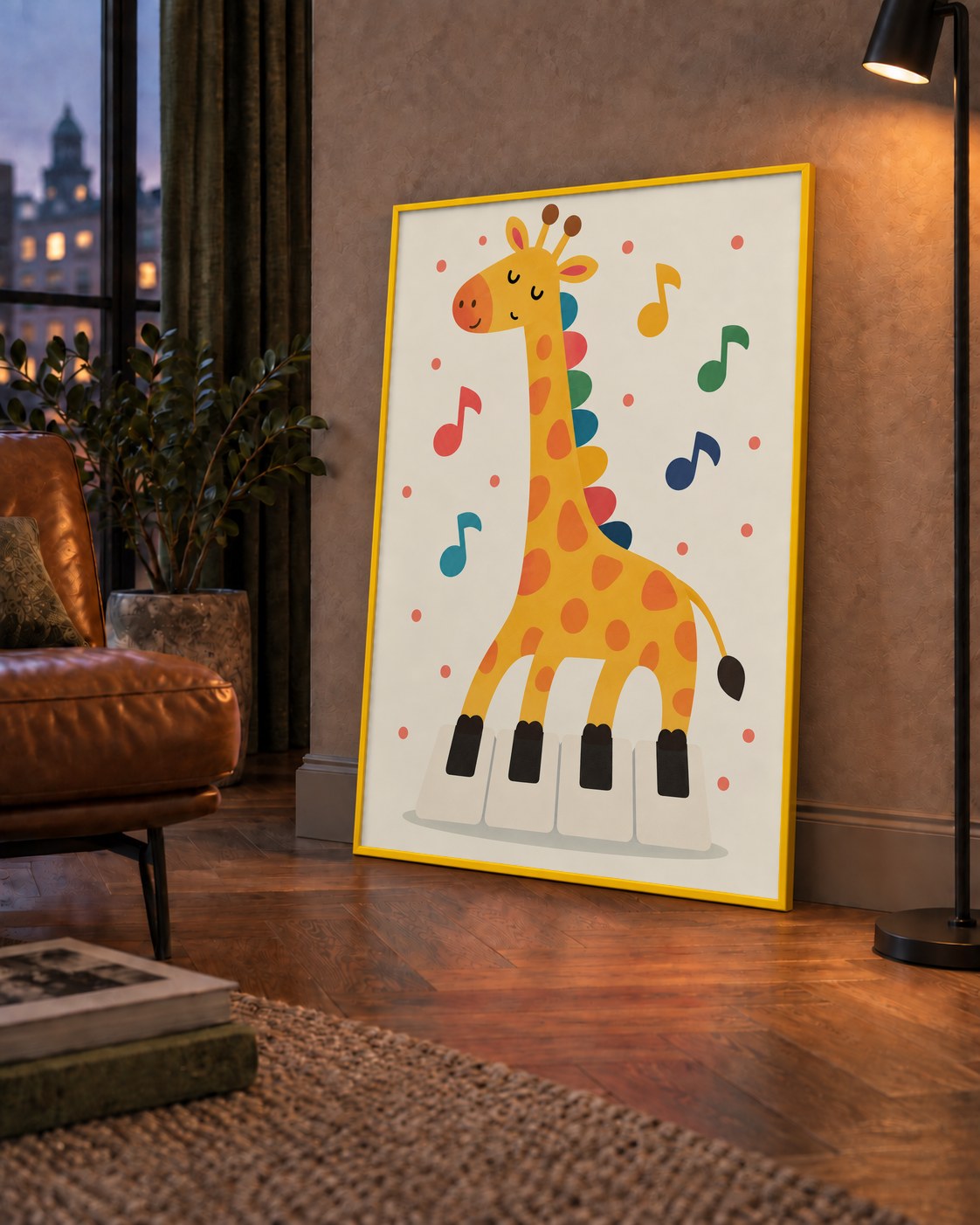 Müzikal Zürafa Çocuk Odası Poster Sanat Baskısı — çerçeveli hâliyle bir ev duvarında