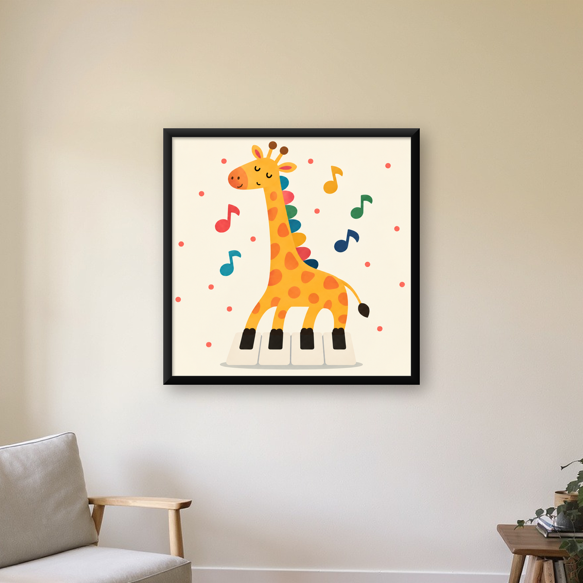 Müzikal Zürafa Çocuk Odası Poster Sanat Baskısı — Kare baskı, çerçeveli hâliyle bir ev duvarında