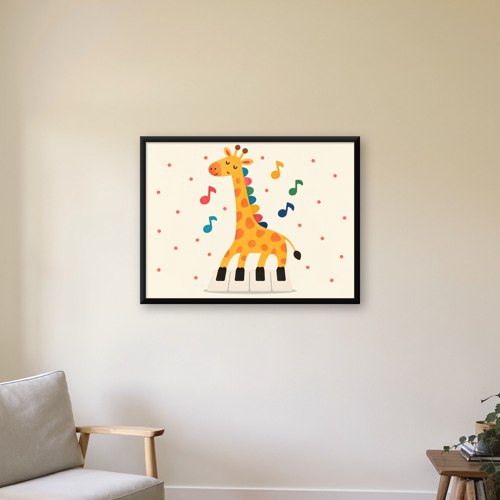 Müzikal Zürafa Çocuk Odası Poster Sanat Baskısı — Yatay baskı, çerçeveli hâliyle bir ev duvarında