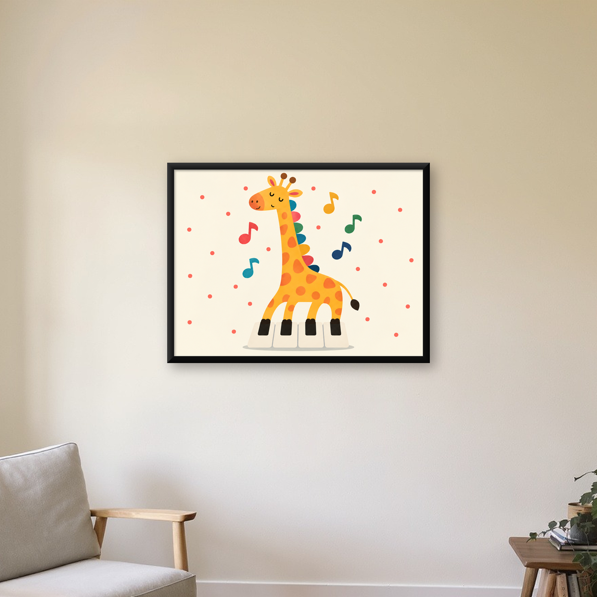 Müzikal Zürafa Çocuk Odası Poster Sanat Baskısı — Yatay baskı, çerçeveli hâliyle bir ev duvarında