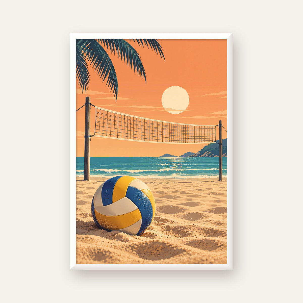 Plaj Voleybolu ve Gün Batımı Poster – Nostaljik Duvar Dekoru — beyaz çerçeveli dikey poster