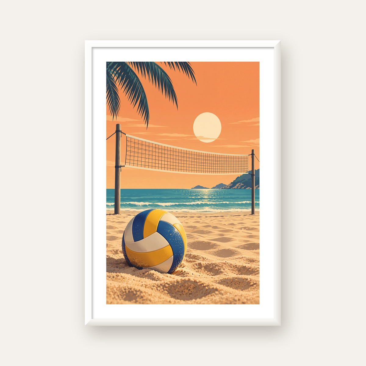 Plaj Voleybolu ve Gün Batımı Poster – Nostaljik Duvar Dekoru — beyaz çerçeveli dikey poster