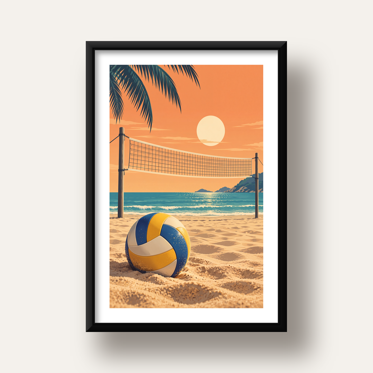 Plaj Voleybolu ve Gün Batımı Poster – Nostaljik Duvar Dekoru — siyah derin çerçeveli paspartulu