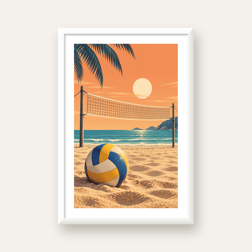Plaj Voleybolu ve Gün Batımı Poster – Nostaljik Duvar Dekoru — beyaz çerçeveli dikey poster