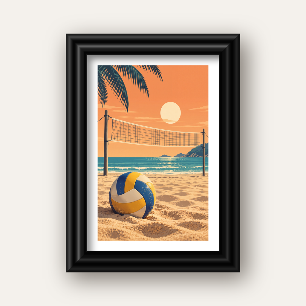 Plaj Voleybolu ve Gün Batımı Poster – Nostaljik Duvar Dekoru — siyah galeri çerçeveli paspartulu