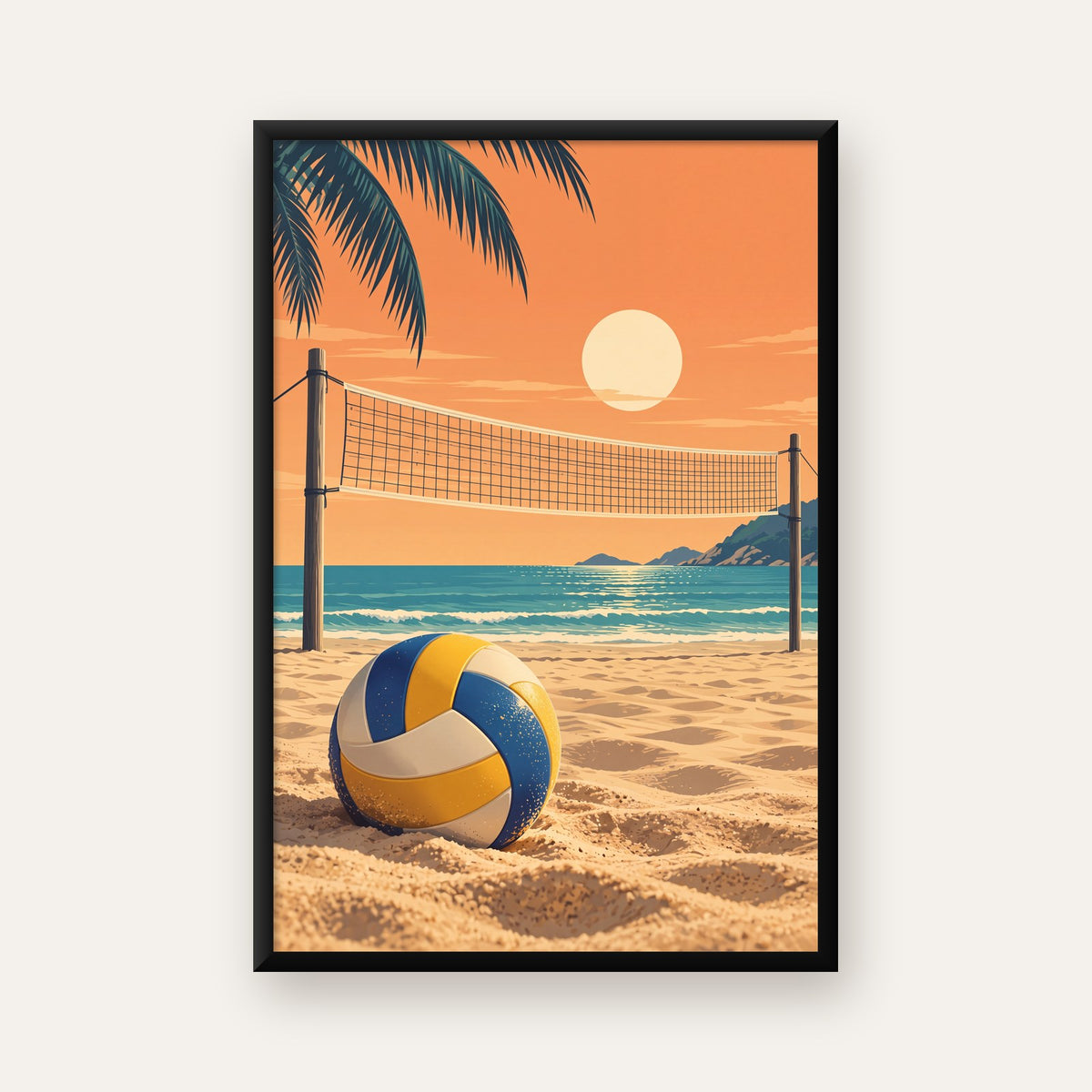 Plaj Voleybolu ve Gün Batımı Poster – Nostaljik Duvar Dekoru — ceviz çerçeveli