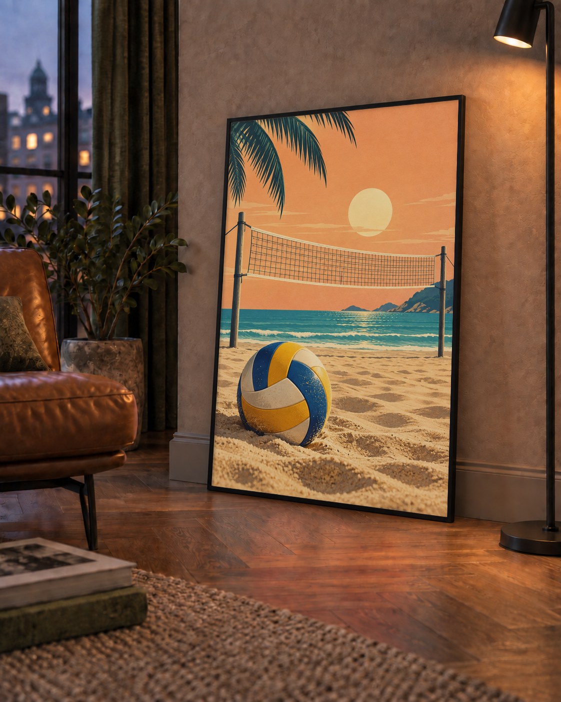 Plaj Voleybolu ve Gün Batımı Poster – Nostaljik Duvar Dekoru — çerçeveli hâliyle bir ev duvarında