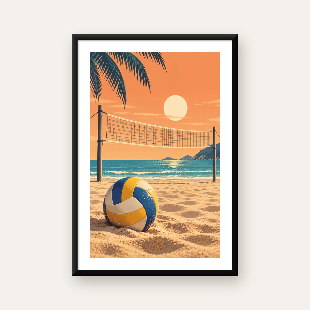 Plaj Voleybolu ve Gün Batımı Poster – Nostaljik Duvar Dekoru — beyaz paspartulu, düz siyah çerçeveli