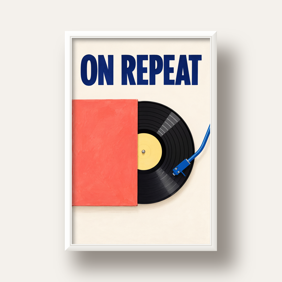 ON REPEAT Plak Poster – Modern Yağlı Boya Müzik Duvar Dekoru — beyaz derin çerçeveli