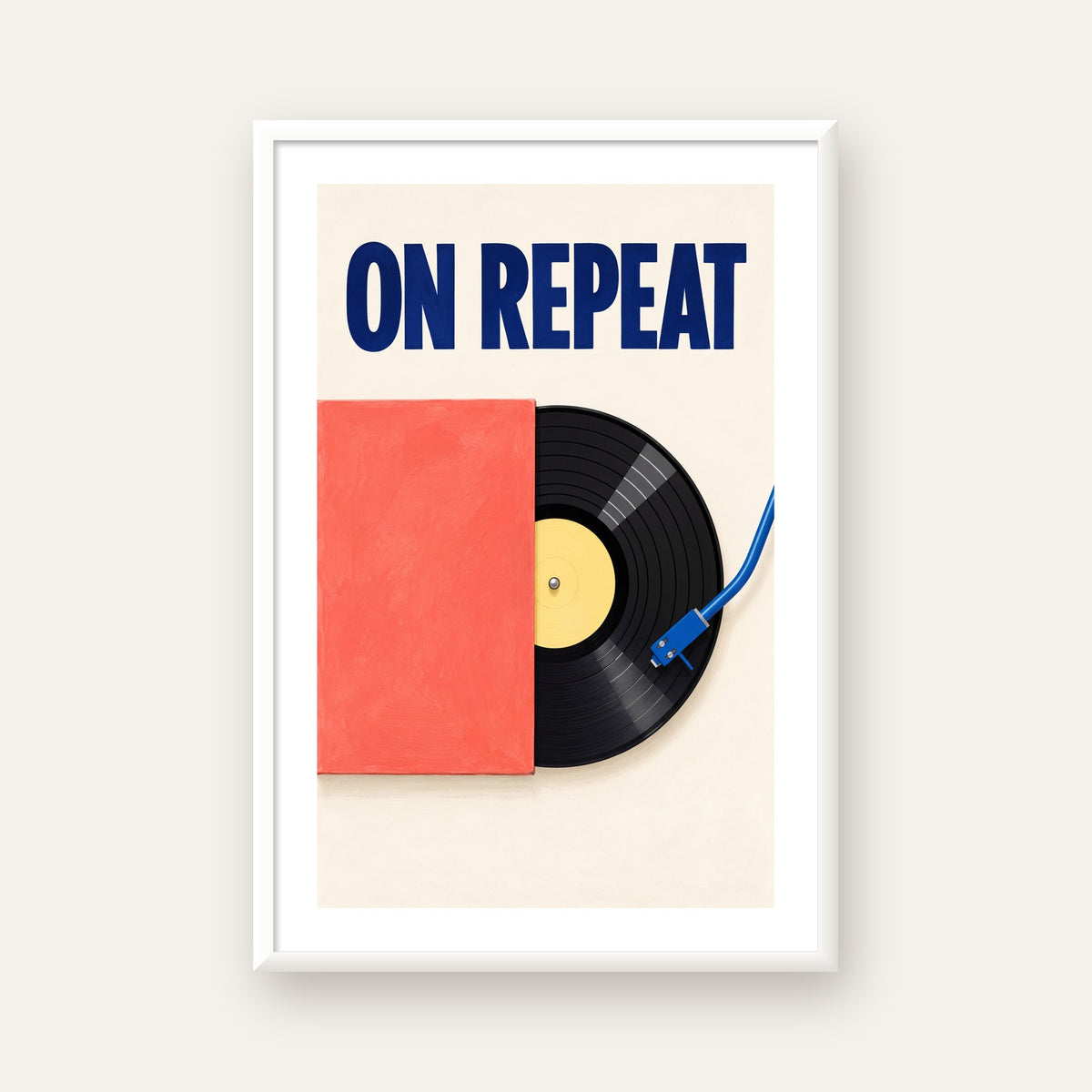 ON REPEAT Plak Poster – Modern Yağlı Boya Müzik Duvar Dekoru — beyaz çerçeveli dikey poster