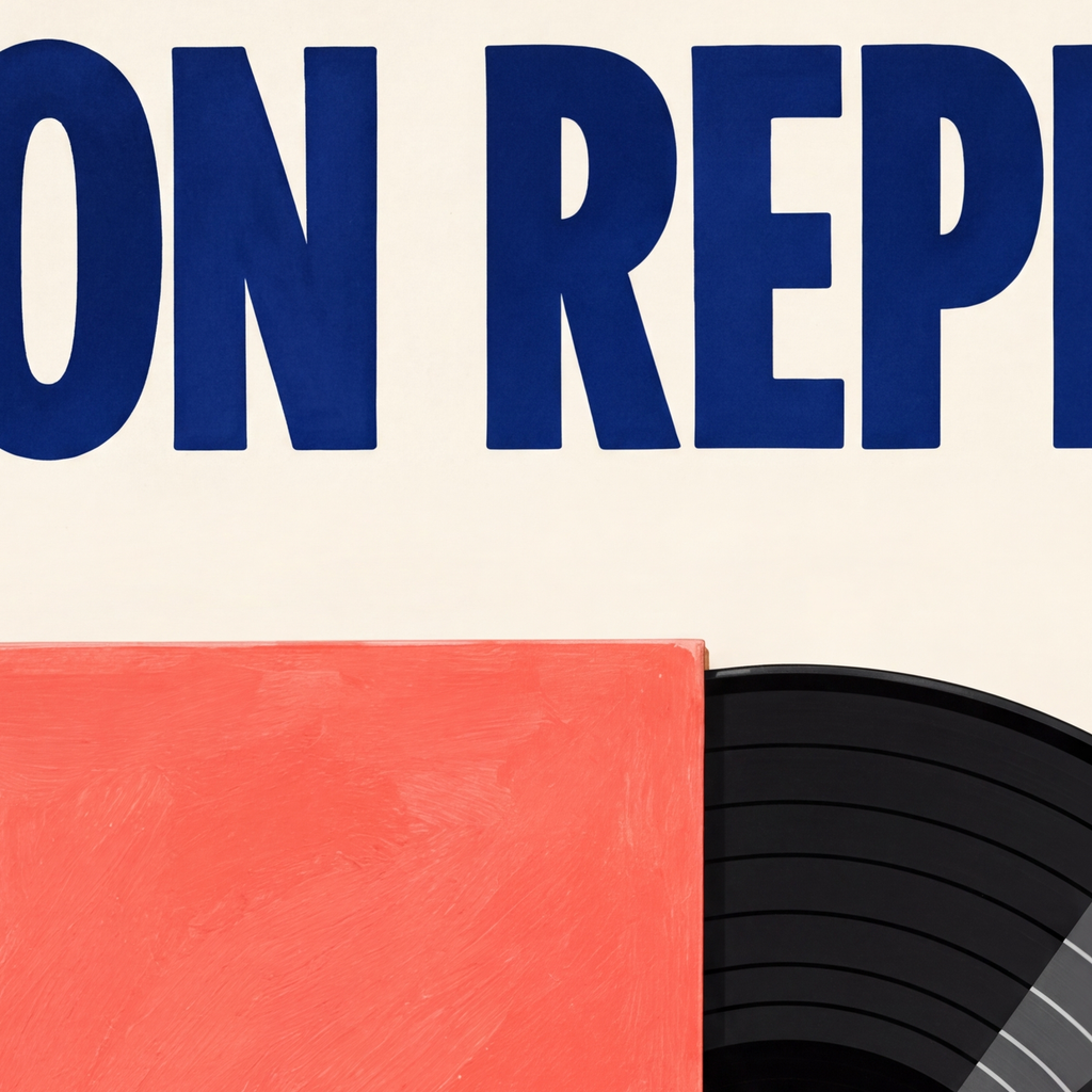 ON REPEAT Plak Poster – Modern Yağlı Boya Müzik Duvar Dekoru — baskının yakın çekimi, kâğıt dokusu ve renk detayı