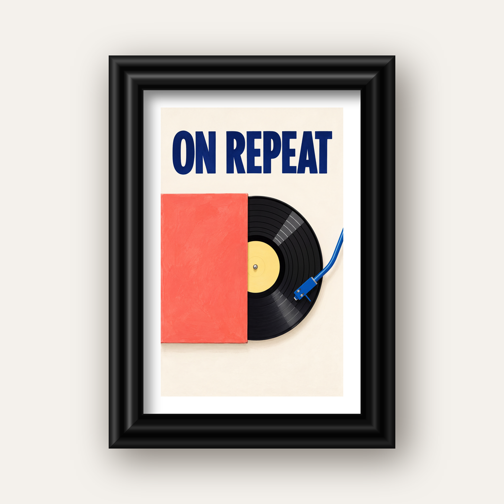ON REPEAT Plak Poster – Modern Yağlı Boya Müzik Duvar Dekoru — siyah galeri çerçeveli paspartulu