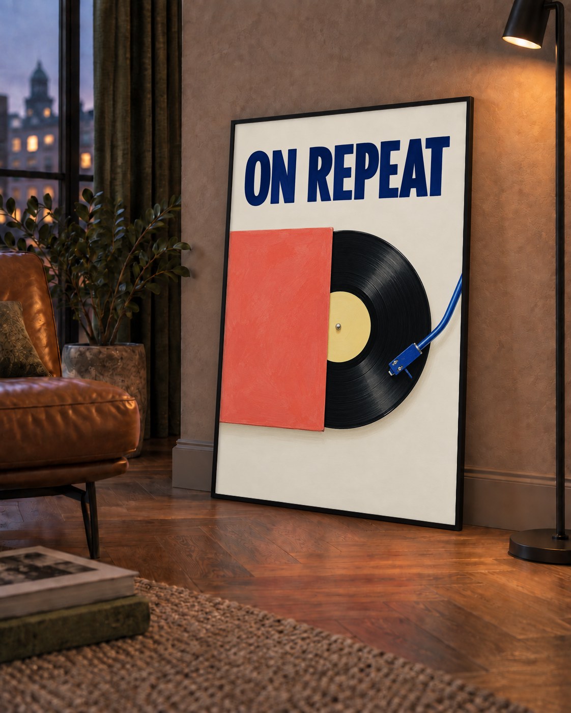 ON REPEAT Plak Poster – Modern Yağlı Boya Müzik Duvar Dekoru — çerçeveli hâliyle bir ev duvarında
