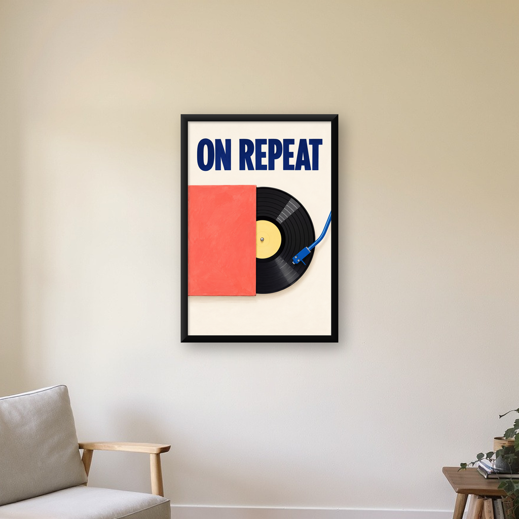 ON REPEAT Plak Poster – Modern Yağlı Boya Müzik Duvar Dekoru — çerçeveli hâliyle bir ev duvarında