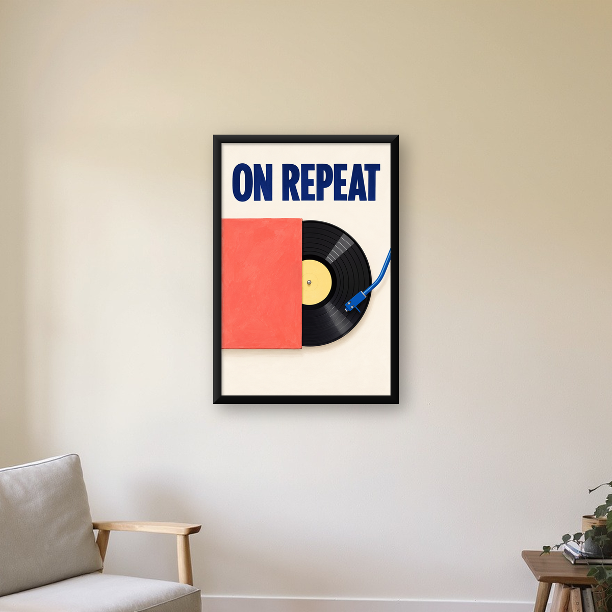 ON REPEAT Plak Poster – Modern Yağlı Boya Müzik Duvar Dekoru — çerçeveli hâliyle bir ev duvarında
