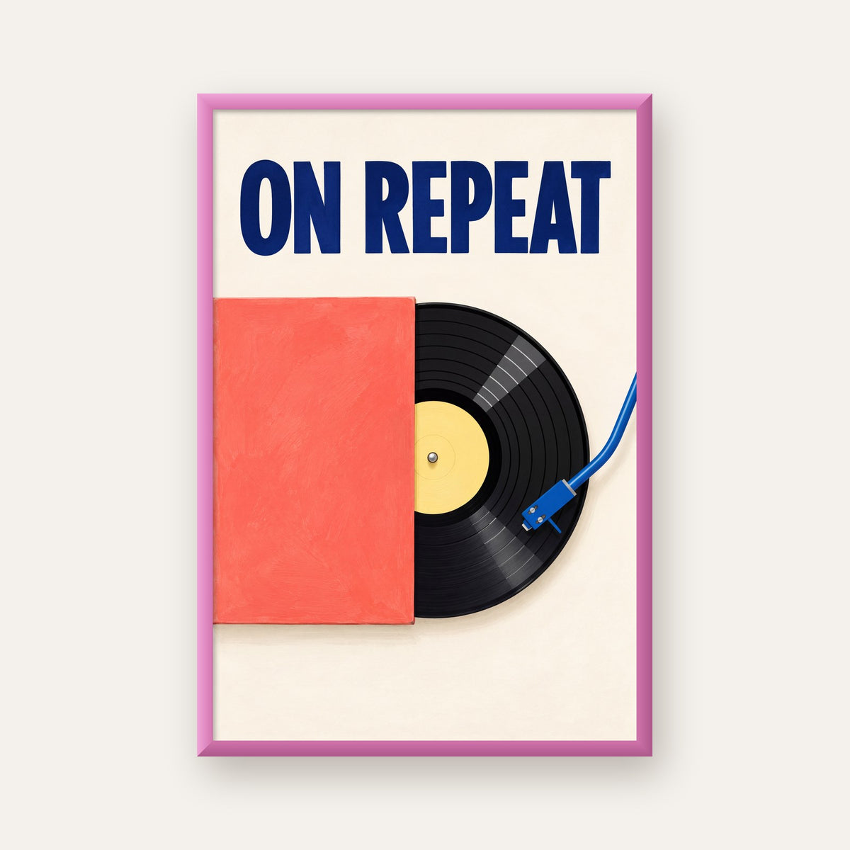 ON REPEAT Plak Poster – Modern Yağlı Boya Müzik Duvar Dekoru — pembe çerçeveli