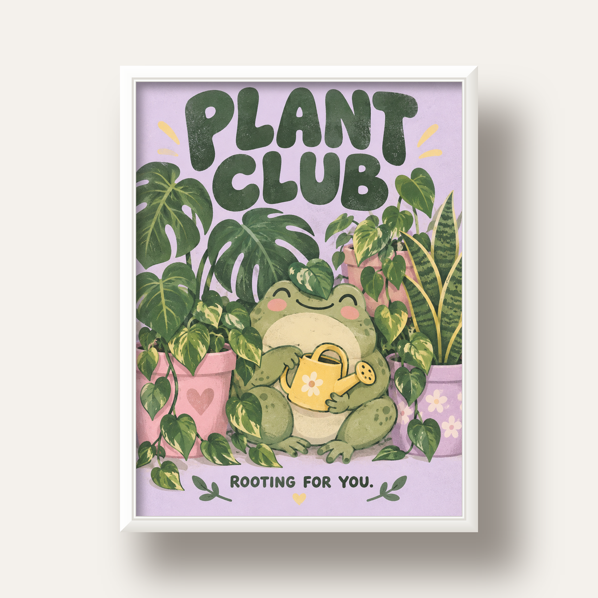 Bitki Temalı Kurbağa Dijital Poster – Plant Club — beyaz derin çerçeveli
