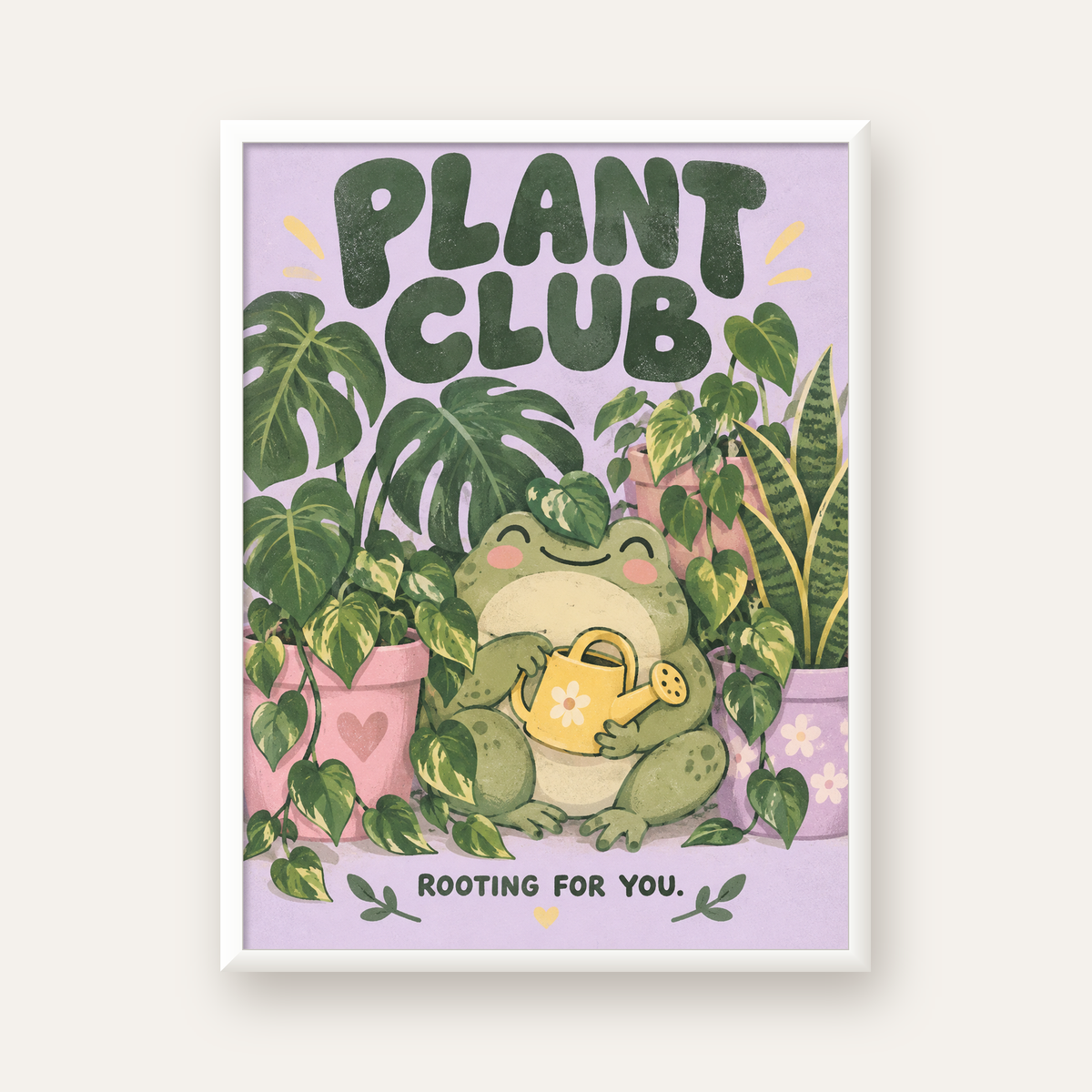 Bitki Temalı Kurbağa Dijital Poster – Plant Club — beyaz çerçeveli dikey poster