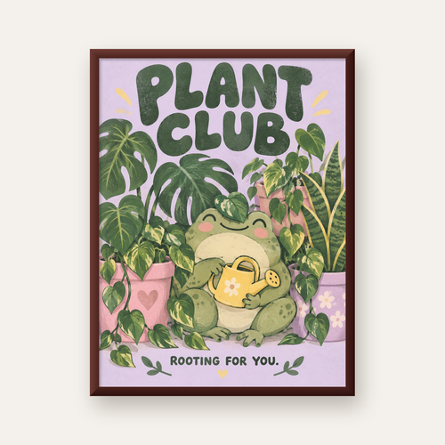 Bitki Temalı Kurbağa Dijital Poster – Plant Club — ceviz çerçeveli