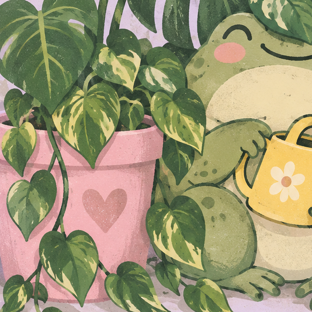 Bitki Temalı Kurbağa Dijital Poster – Plant Club — baskının yakın çekimi, kâğıt dokusu ve renk detayı