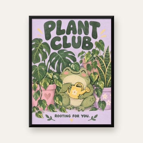 Bitki Temalı Kurbağa Dijital Poster – Plant Club — Dikey baskı, düz siyah çerçeveli duvar posteri