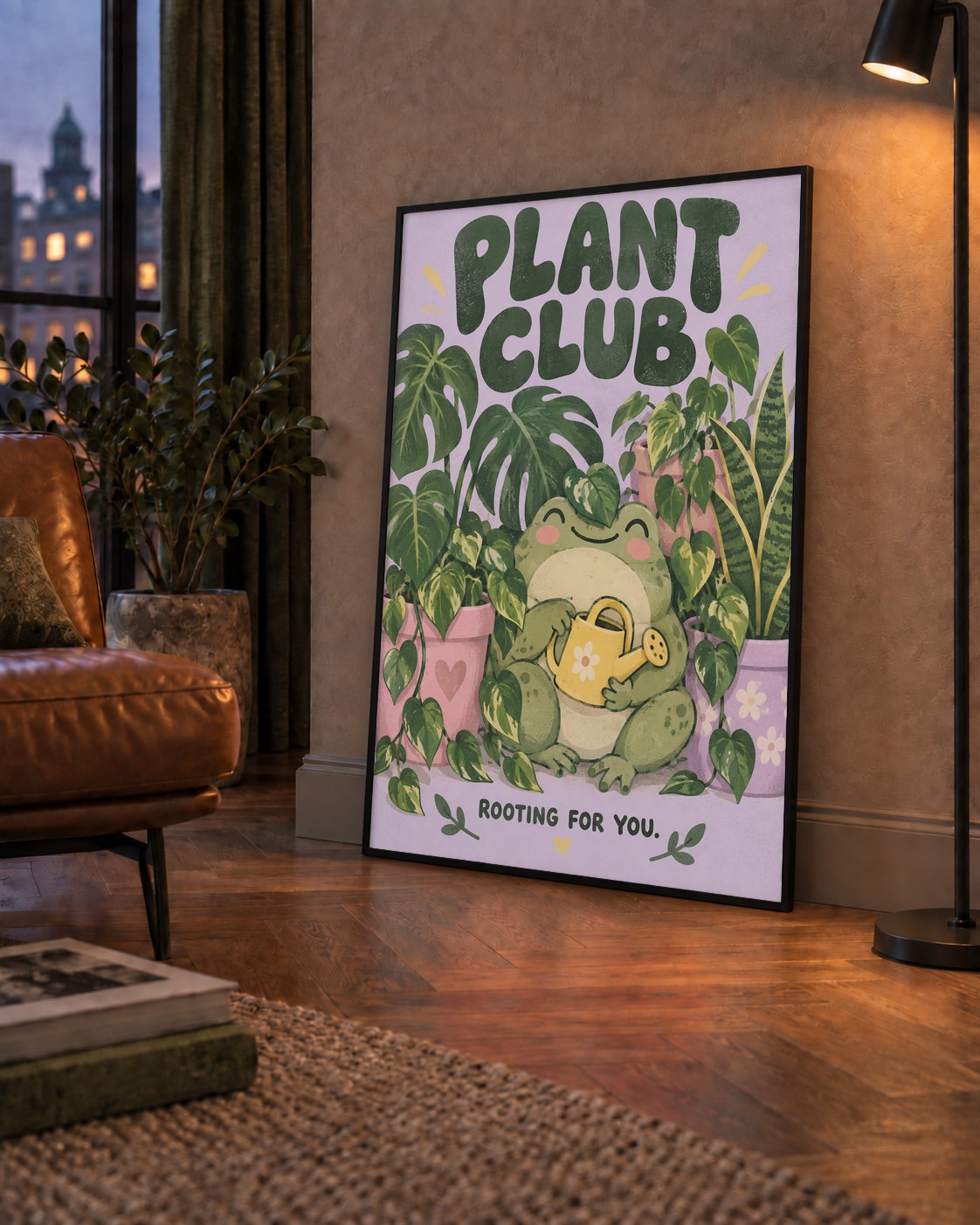 Bitki Temalı Kurbağa Dijital Poster – Plant Club — çerçeveli hâliyle bir ev duvarında