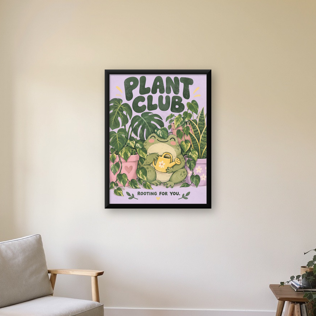 Bitki Temalı Kurbağa Dijital Poster – Plant Club — Dikey baskı, çerçeveli hâliyle bir ev duvarında
