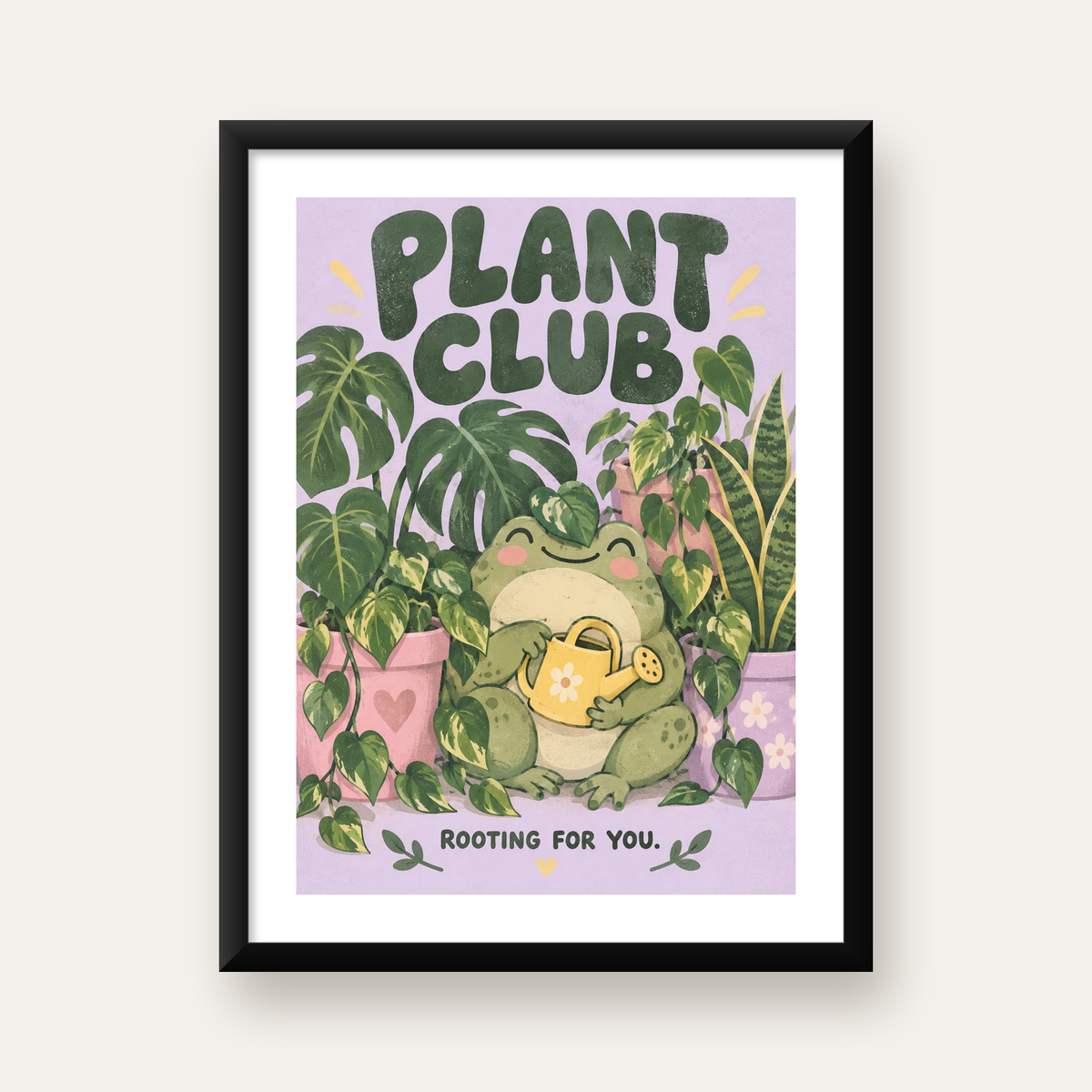 Bitki Temalı Kurbağa Dijital Poster – Plant Club — Dikey baskı, beyaz paspartulu