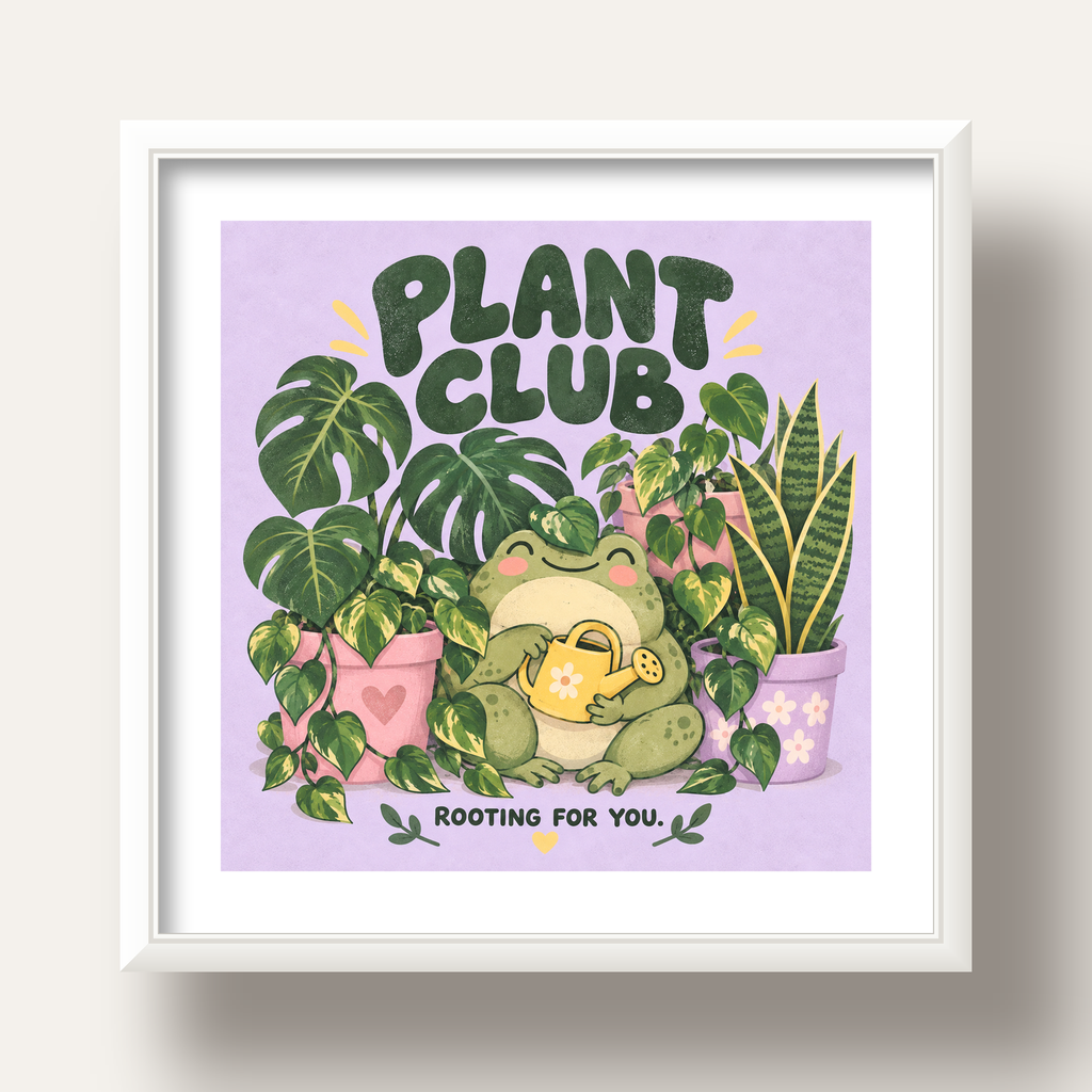 Bitki Temalı Kurbağa Dijital Poster – Plant Club — beyaz derin çerçeveli paspartulu