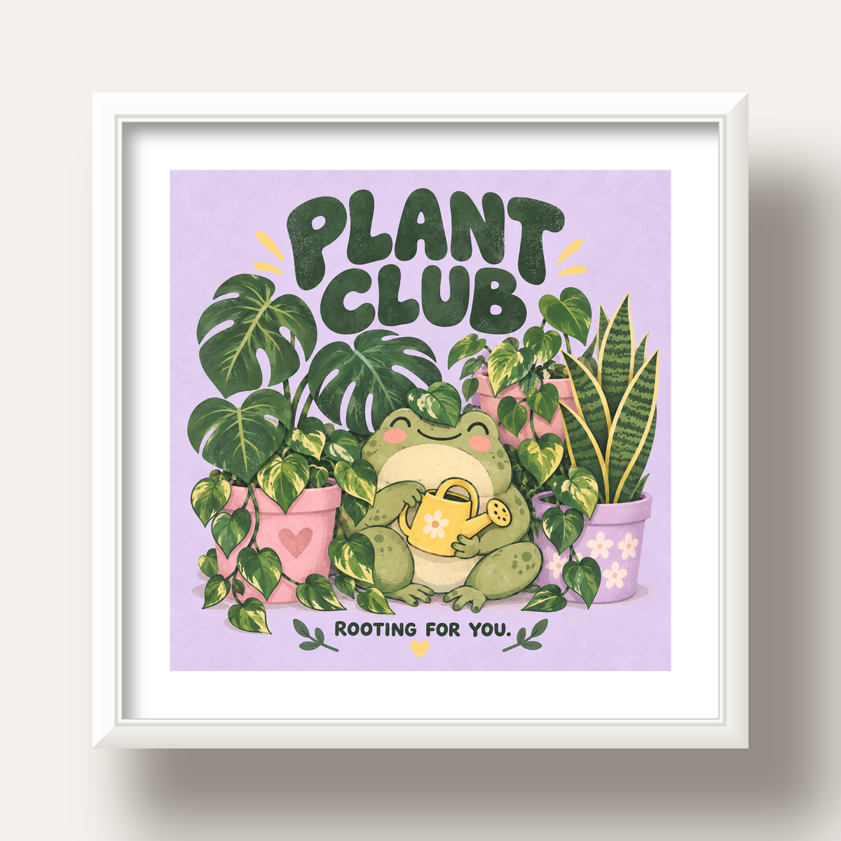 Bitki Temalı Kurbağa Dijital Poster – Plant Club — beyaz derin çerçeveli paspartulu