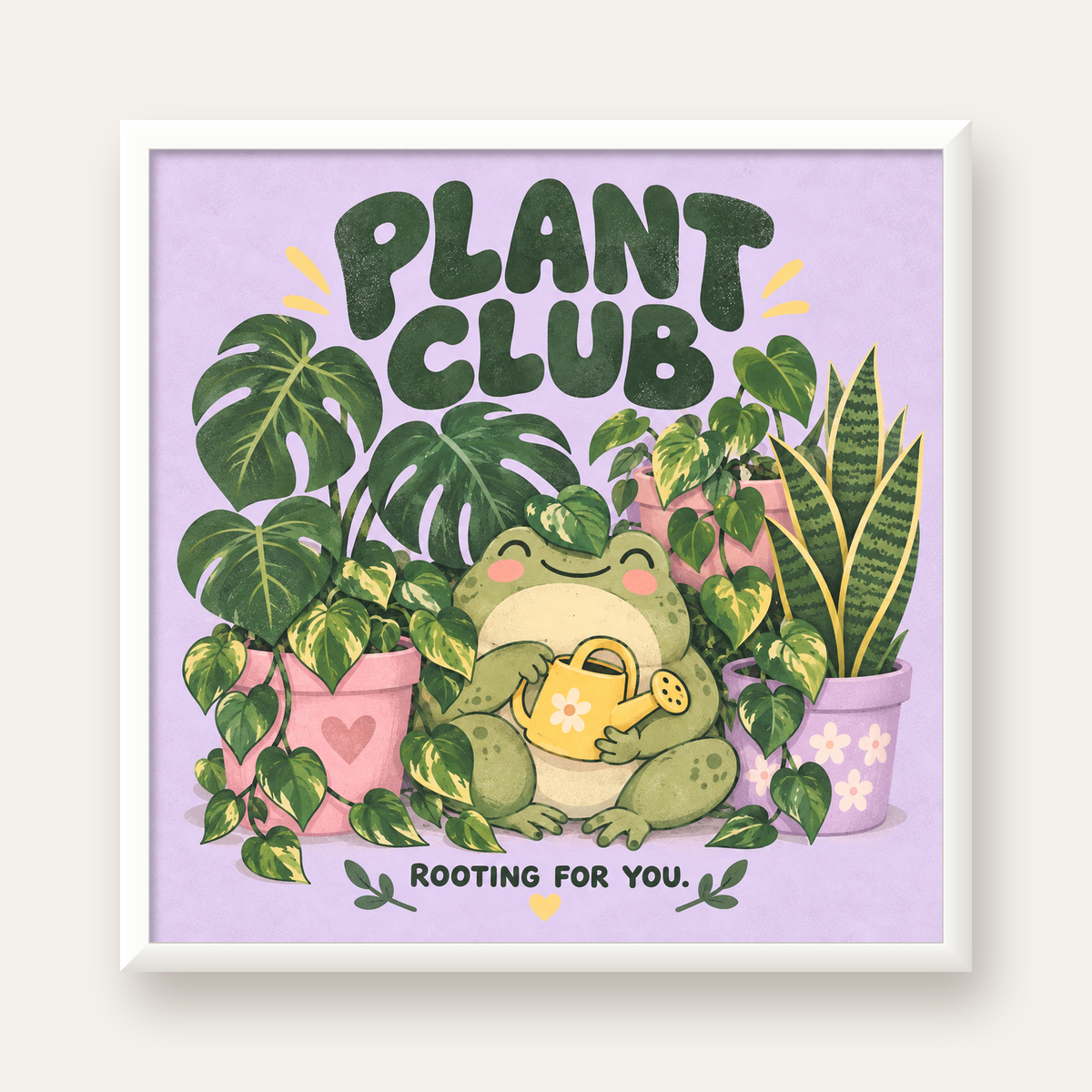 Bitki Temalı Kurbağa Dijital Poster – Plant Club — beyaz çerçeveli kare poster