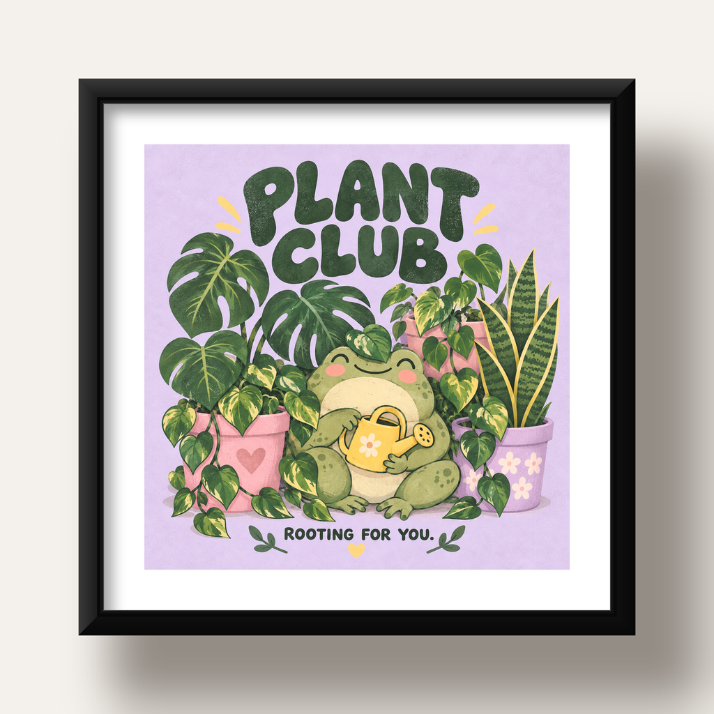 Bitki Temalı Kurbağa Dijital Poster – Plant Club — siyah derin çerçeveli paspartulu