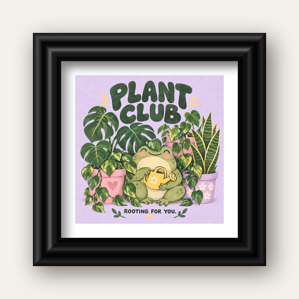 Bitki Temalı Kurbağa Dijital Poster – Plant Club — siyah galeri çerçeveli paspartulu
