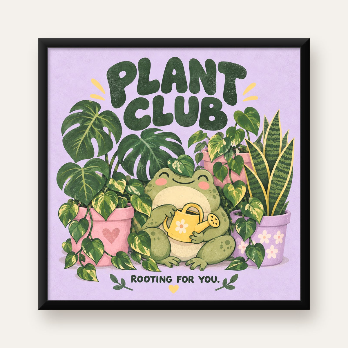 Bitki Temalı Kurbağa Dijital Poster – Plant Club — Kare baskı, düz siyah çerçeveli duvar posteri