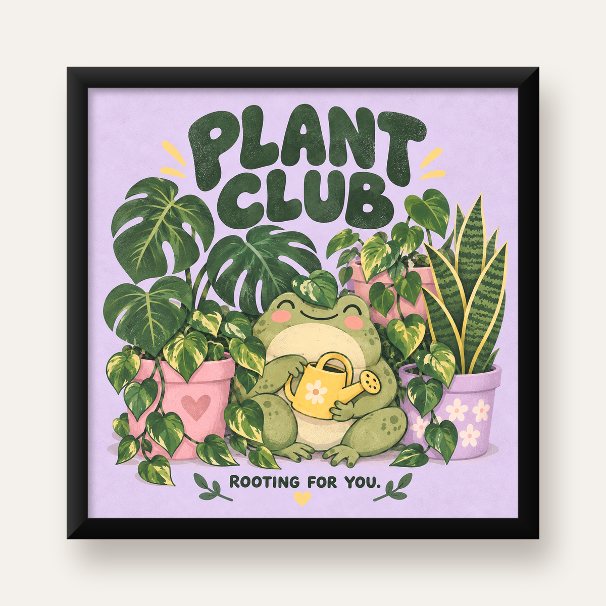 Bitki Temalı Kurbağa Dijital Poster – Plant Club — Kare baskı, düz siyah çerçeveli duvar posteri