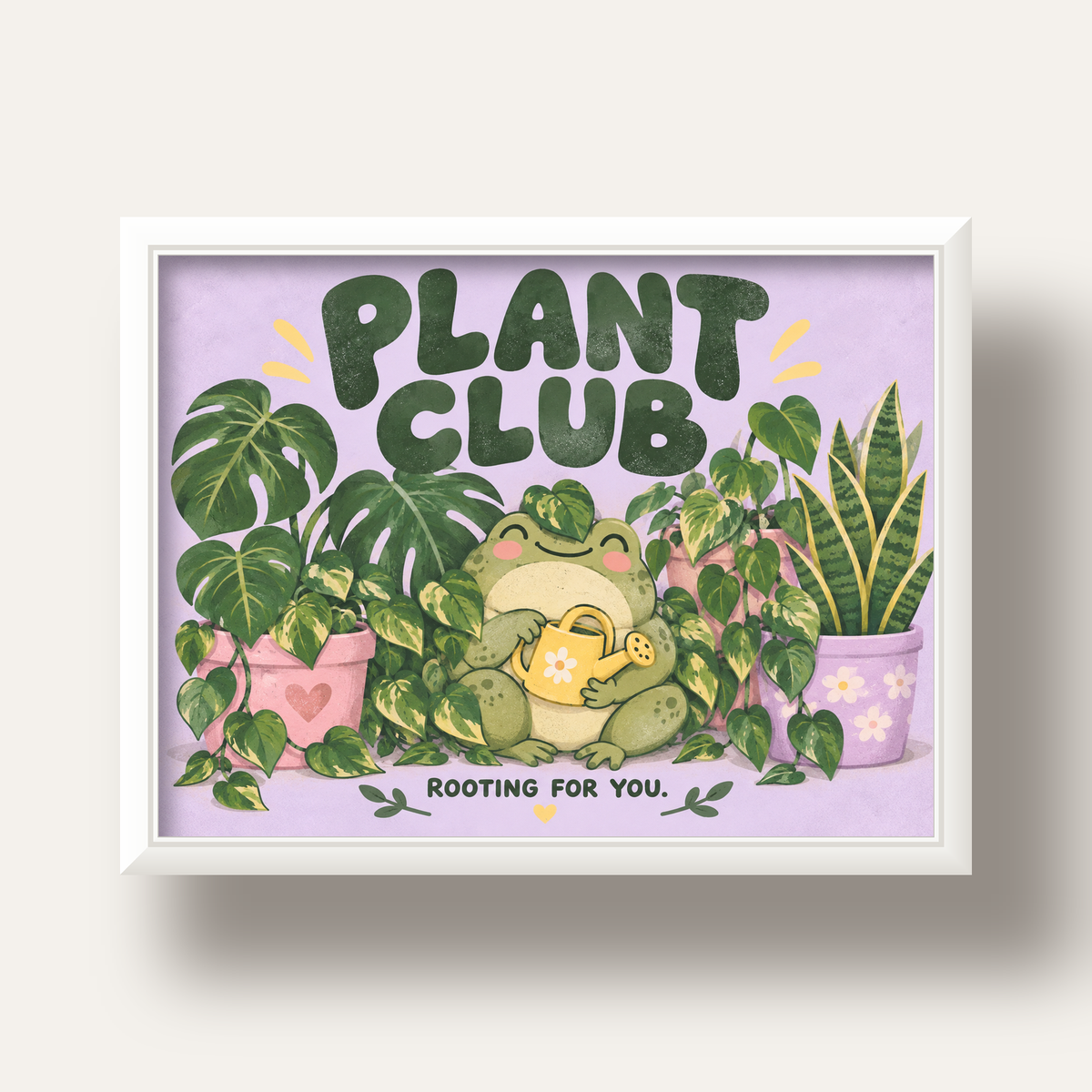 Bitki Temalı Kurbağa Dijital Poster – Plant Club — beyaz derin çerçeveli