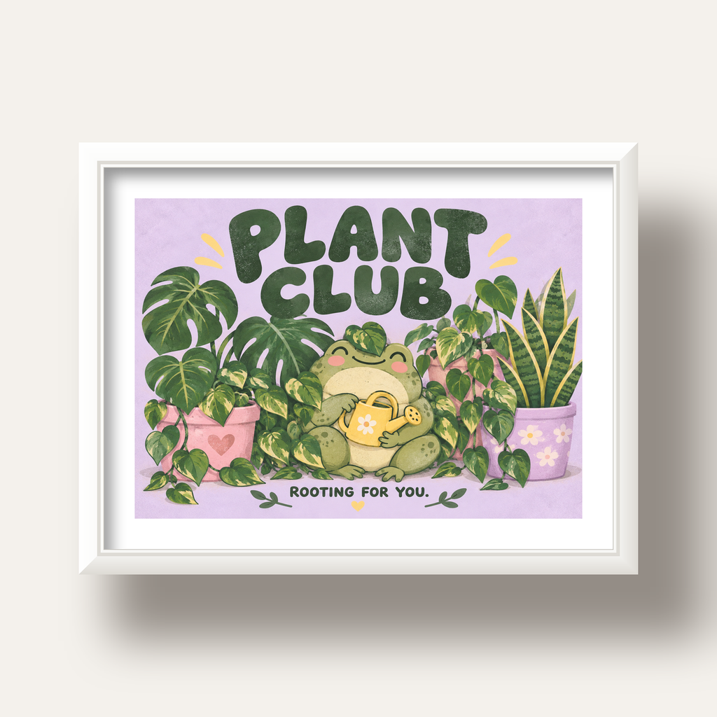 Bitki Temalı Kurbağa Dijital Poster – Plant Club — beyaz derin çerçeveli paspartulu