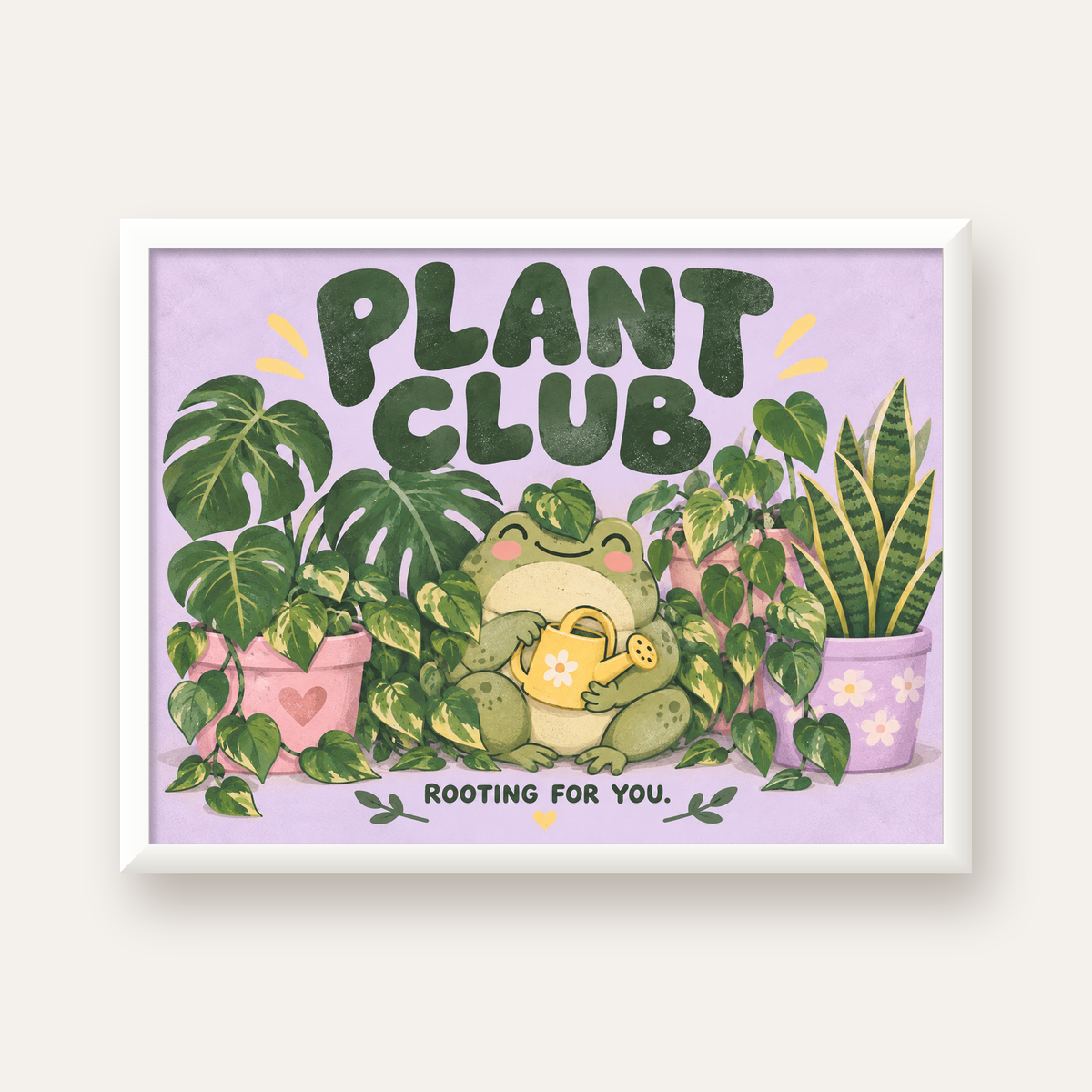 Bitki Temalı Kurbağa Dijital Poster – Plant Club — beyaz çerçeveli yatay poster