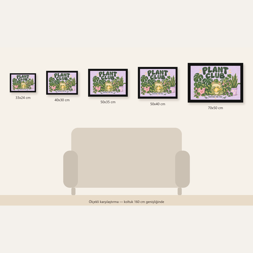 Bitki Temalı Kurbağa Dijital Poster – Plant Club — Yatay ölçülerinin karşılaştırması
