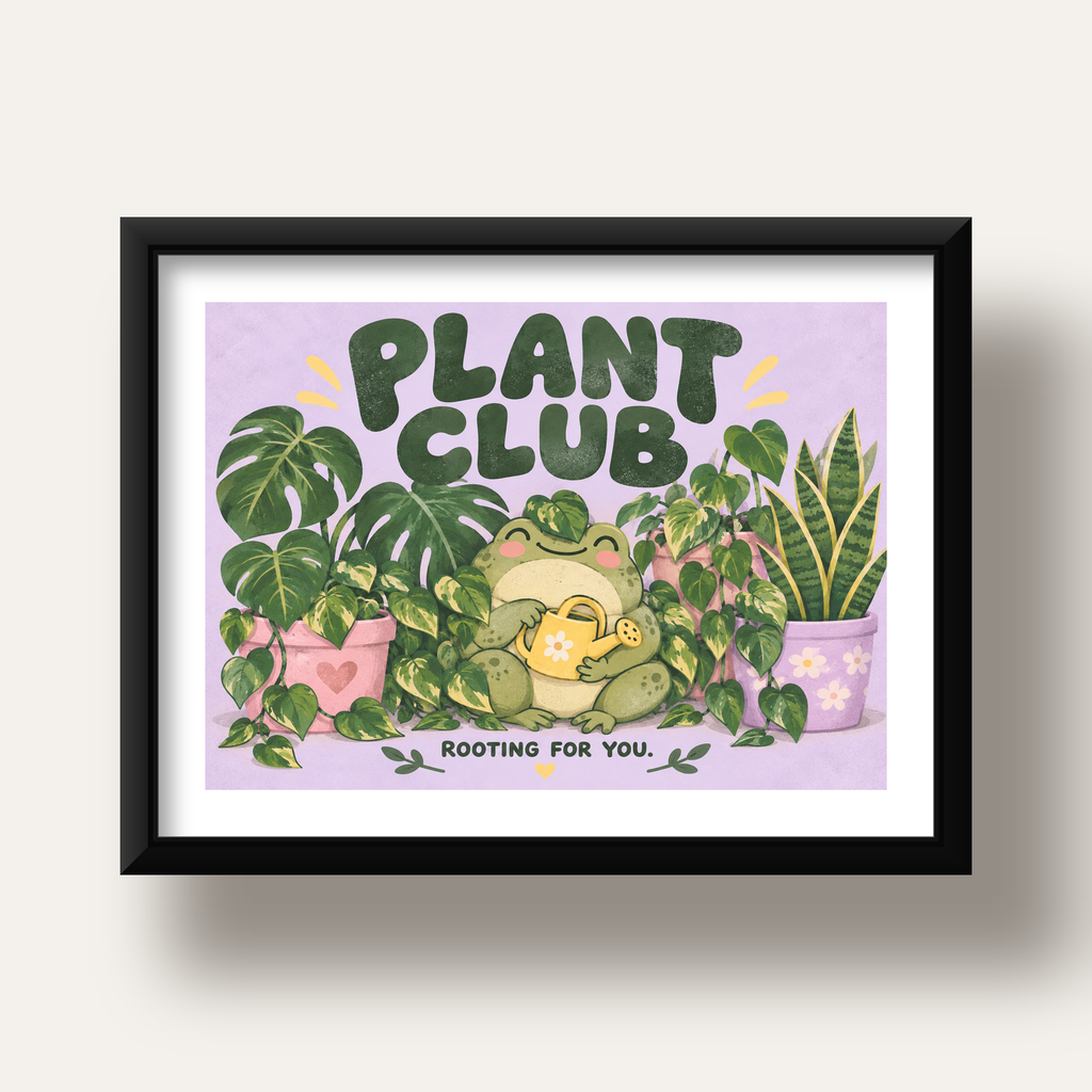 Bitki Temalı Kurbağa Dijital Poster – Plant Club — siyah derin çerçeveli paspartulu