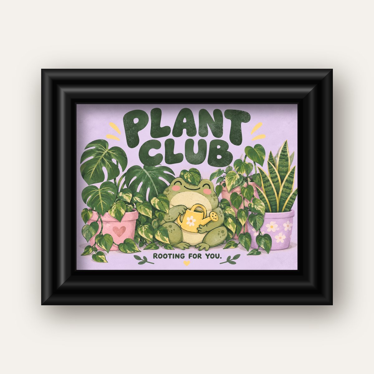 Bitki Temalı Kurbağa Dijital Poster – Plant Club — siyah galeri çerçeveli