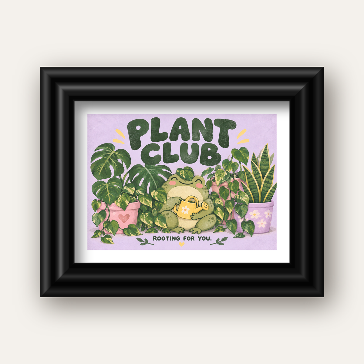 Bitki Temalı Kurbağa Dijital Poster – Plant Club — siyah galeri çerçeveli paspartulu