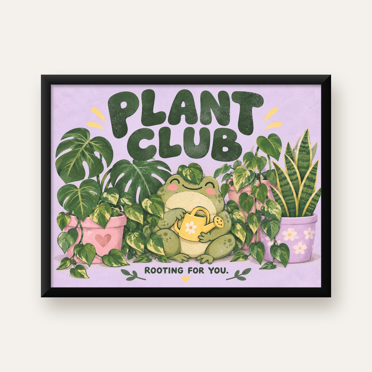 Bitki Temalı Kurbağa Dijital Poster – Plant Club — Yatay baskı, düz siyah çerçeveli duvar posteri
