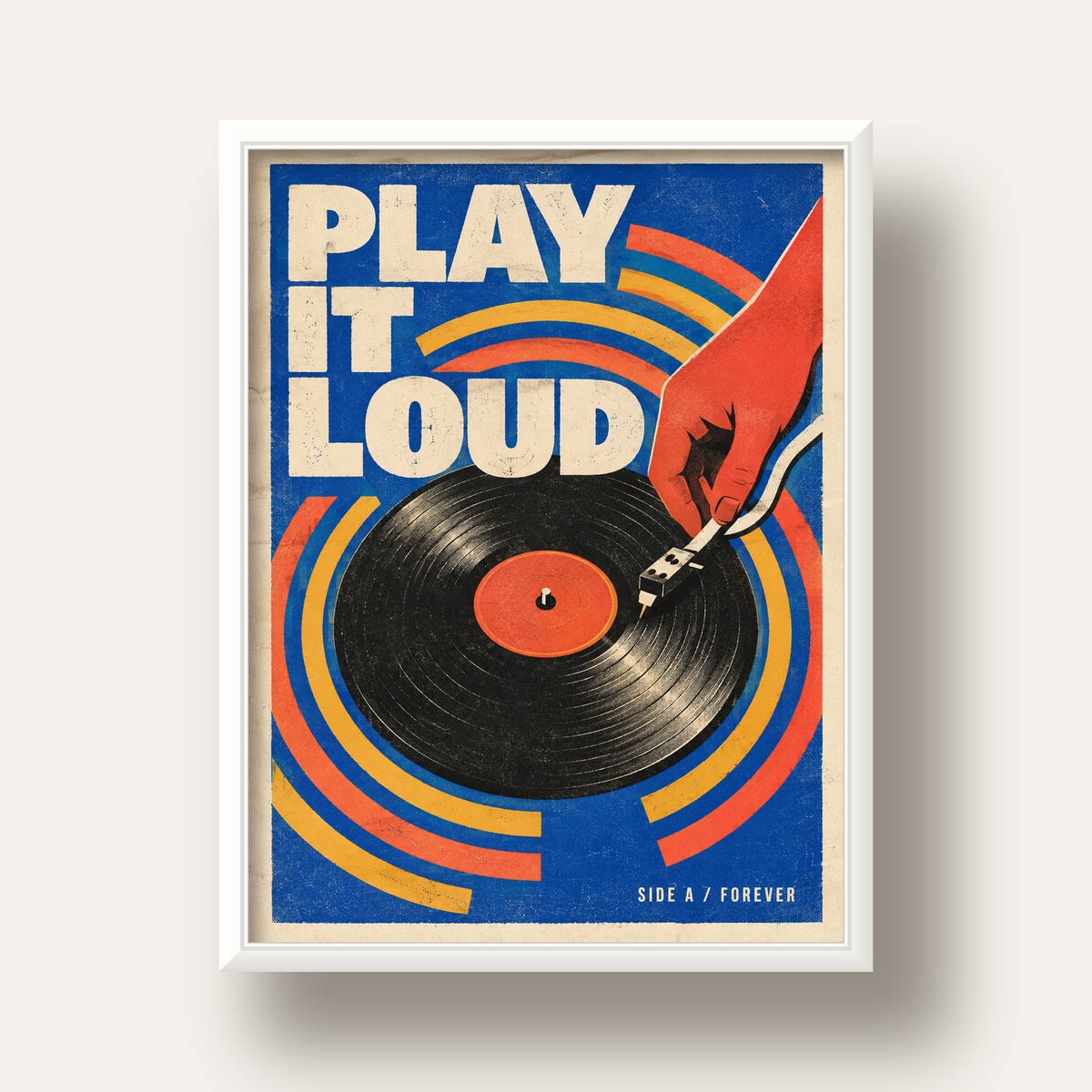 PLAY IT LOUD Retro Vinil Plak & Müzik Temalı Poster — beyaz derin çerçeveli
