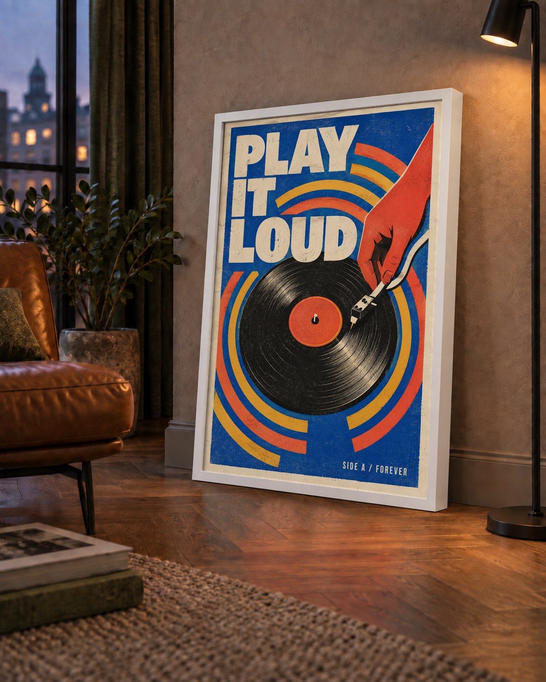 PLAY IT LOUD Retro Vinil Plak & Müzik Temalı Poster — çerçeveli hâliyle bir ev duvarında