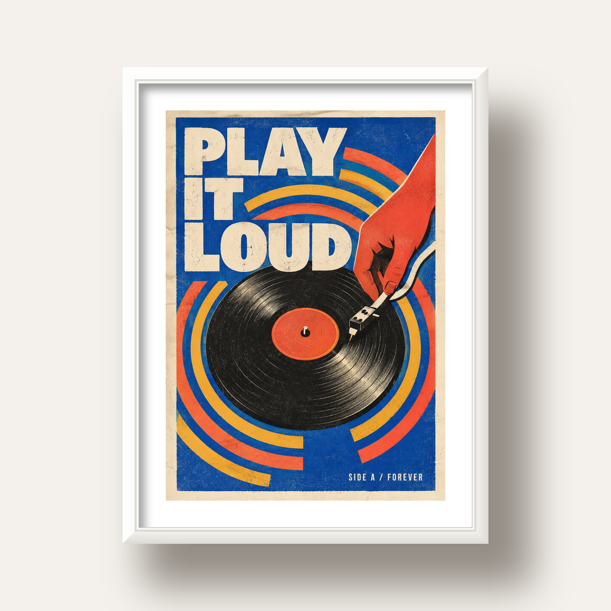 PLAY IT LOUD Retro Vinil Plak & Müzik Temalı Poster — beyaz derin çerçeveli paspartulu