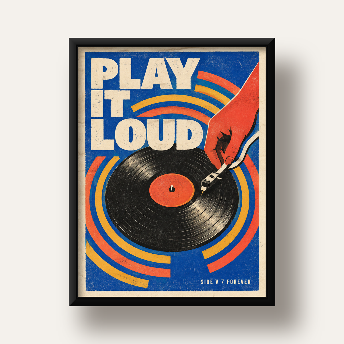 PLAY IT LOUD Retro Vinil Plak & Müzik Temalı Poster — siyah derin çerçeveli