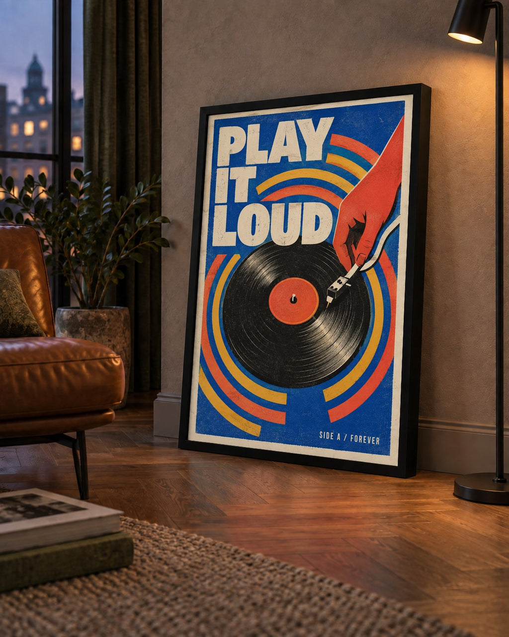 PLAY IT LOUD Retro Vinil Plak & Müzik Temalı Poster — çerçeveli hâliyle bir ev duvarında